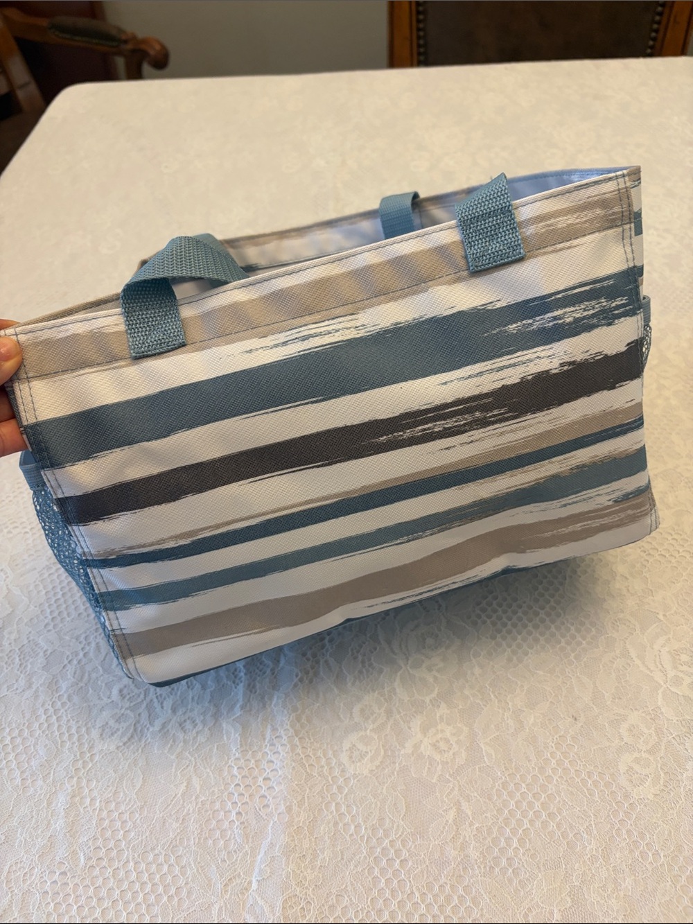 Thirty-One Brush Stroke Striped Blue and Gray Women’s Tote Bag